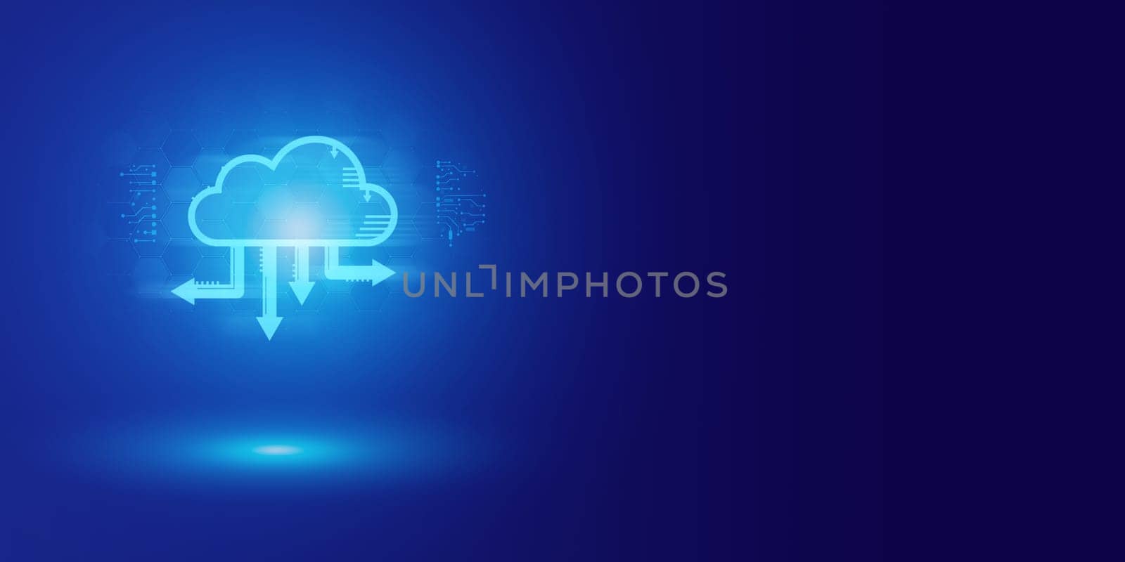 Futuristic blue cloud and Security abstract technology background. Artificial intelligence digital transformation and Business connection internet network communication and Antivirus. by Unimages2527