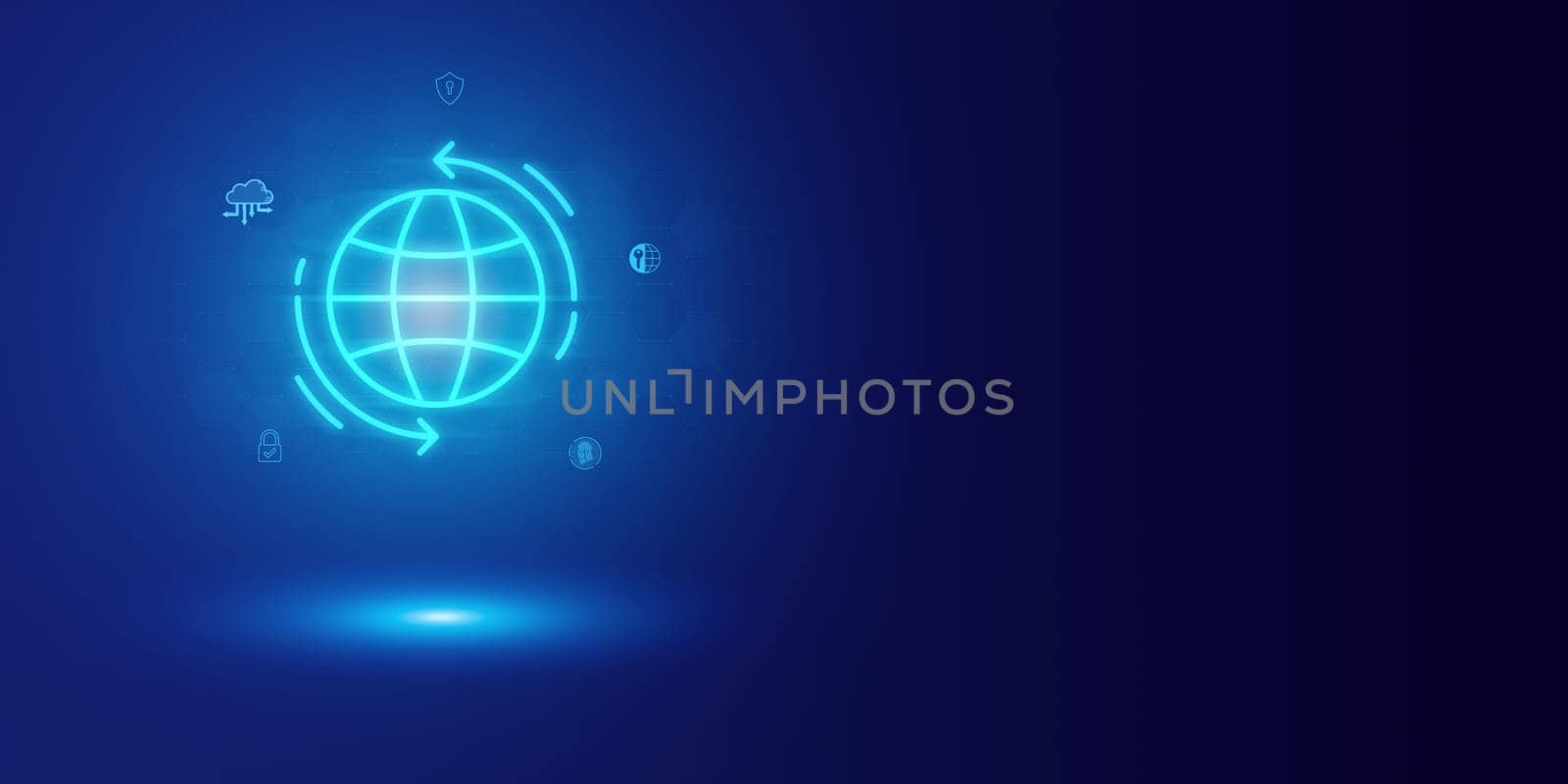 Futuristic blue net world and Security abstract technology background. Artificial intelligence digital transformation and Business quantum internet network communication and Antivirus. by Unimages2527