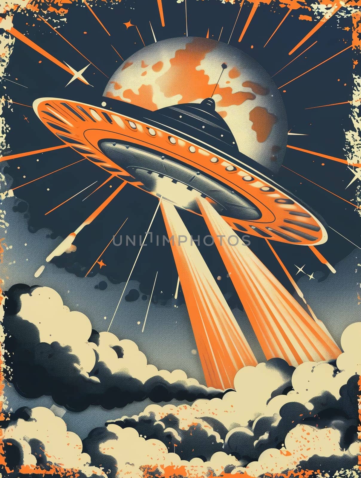 Grunge poster depicting Flying Saucer, UFOs, in the style of the 60-70s. Science fiction. AI generated