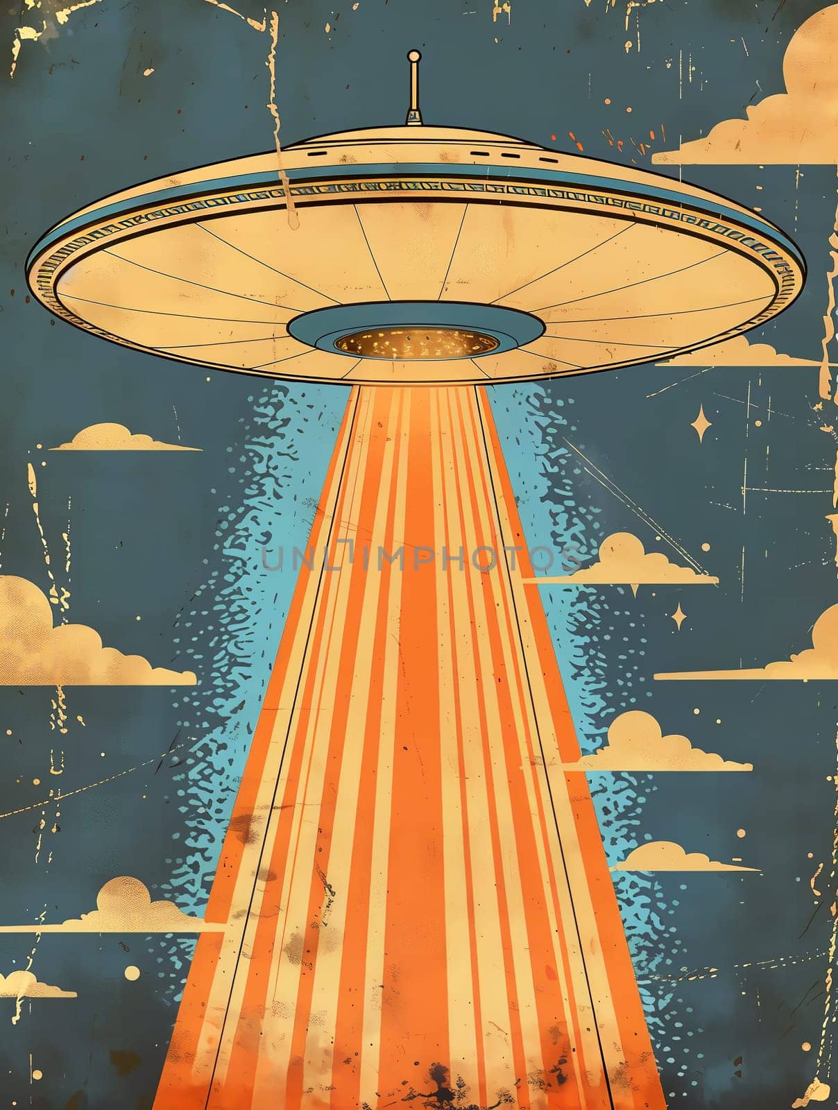 Grunge poster depicting Flying Saucer, UFOs, in the style of the 60-70s. Science fiction. AI generated