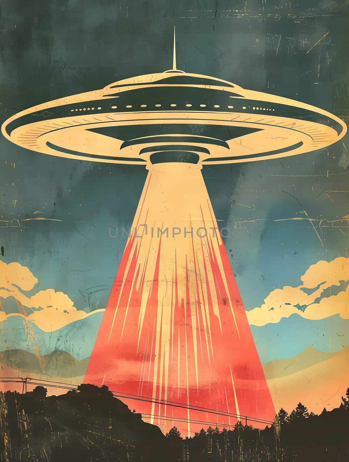 Grunge UFO poster. Retro Art. AI generated by AndreyKENO