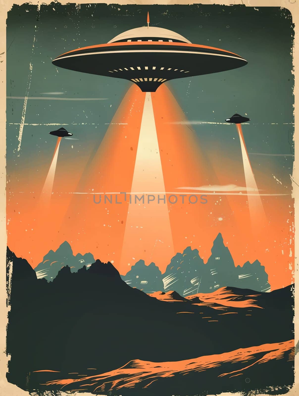 Grunge poster depicting Flying Saucer, UFOs, in the style of the 60-70s. Science fiction. AI generated