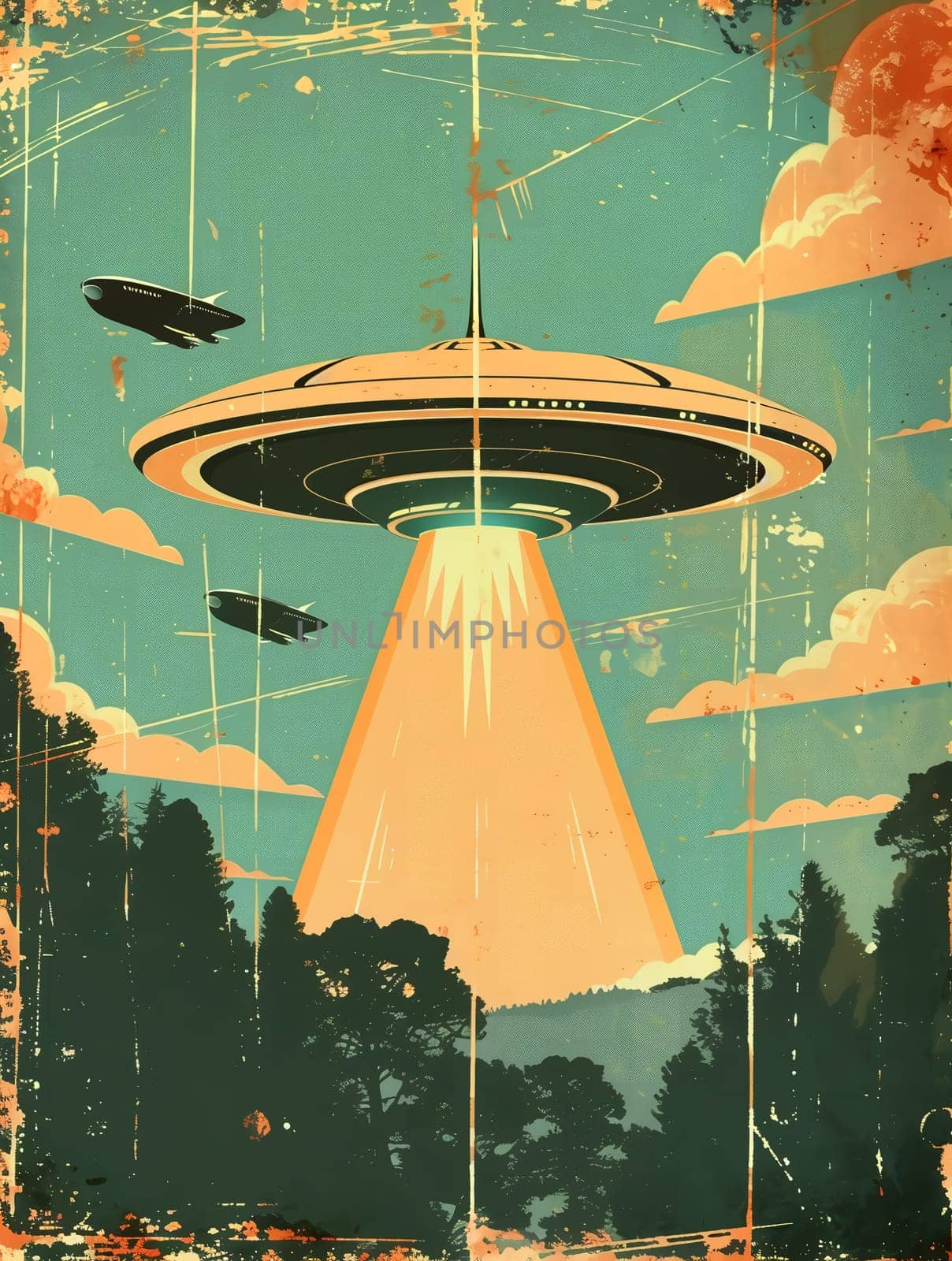 Grunge UFO poster. Retro Art. AI generated by AndreyKENO