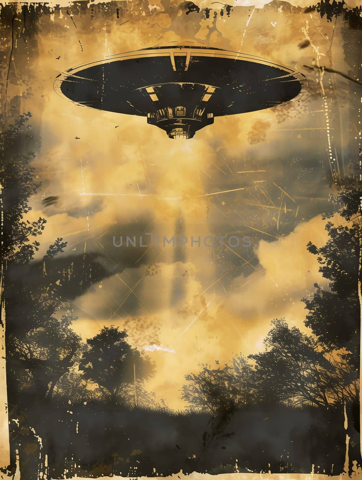 Grunge poster depicting Flying Saucer, UFOs, in the style of the 60-70s. Science fiction. AI generated