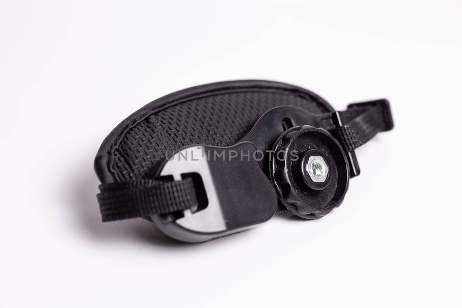 Black camera hand strap made of genuine leather with a metal carabiner for attaching to the camera by Pukhovskiy