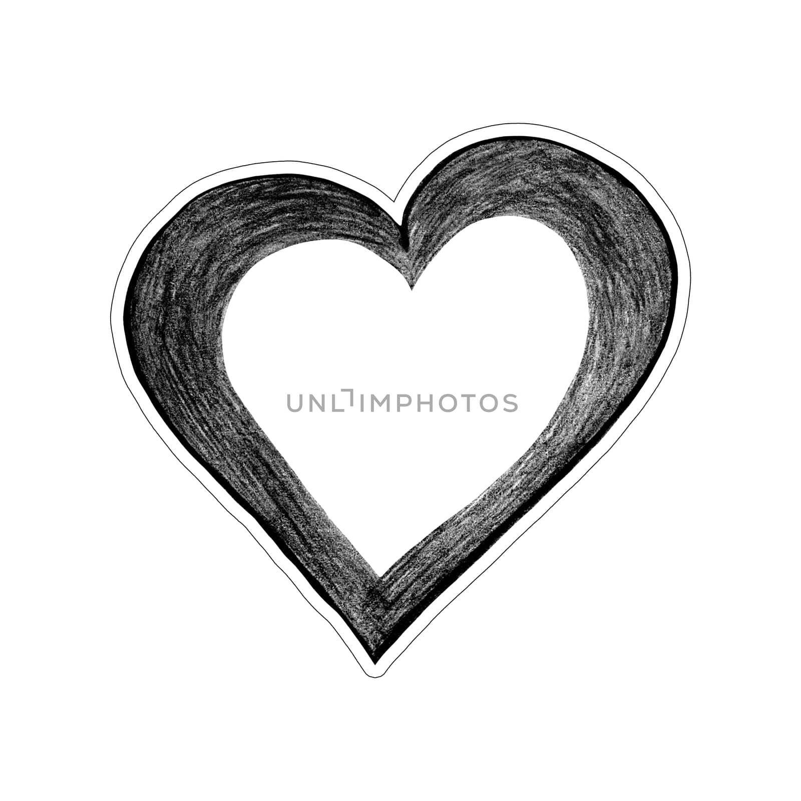 Black Heart Sticker Drawn by Colored Pencil. The Sign of World Heart Day. Symbol of Valentines Day. Heart Shape Isolated on White Background.