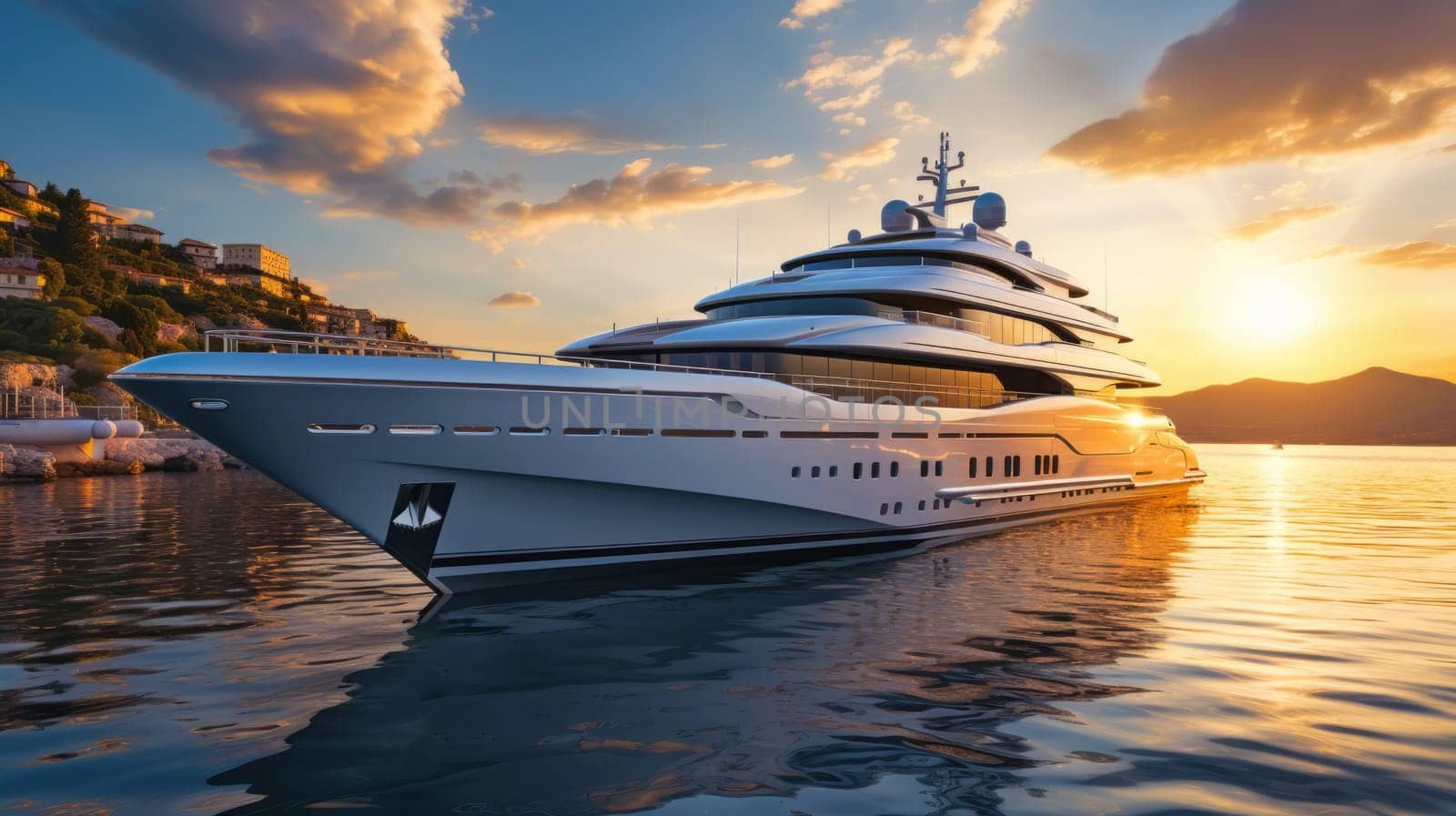 Luxury yacht docked at sunset, calm ocean, exclusive seafaring lifestyle, moored in harbor, tranquil marine scene, opulence.
