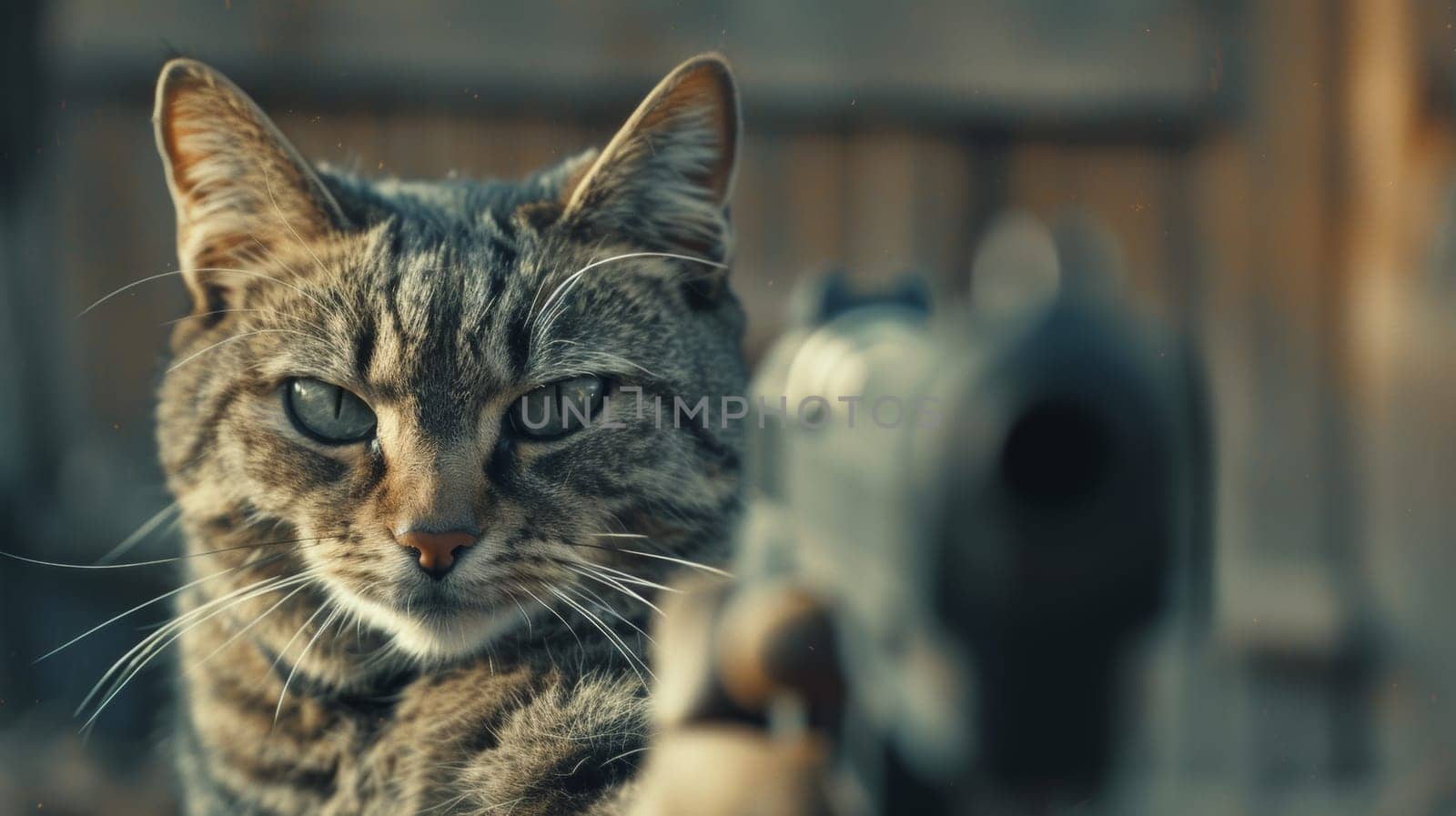 A cat with a gun pointed at it's face