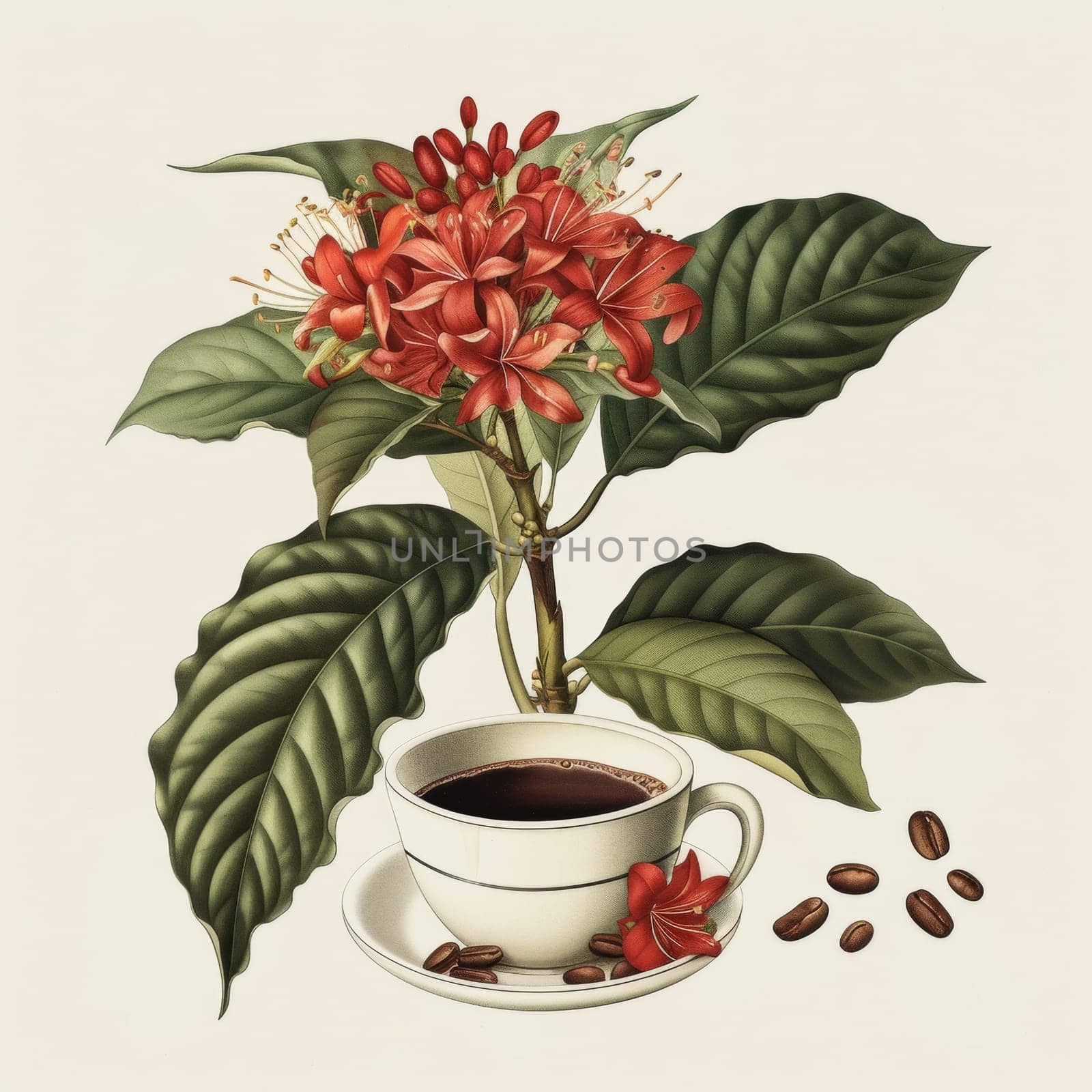 A drawing of a cup with coffee and flowers on it