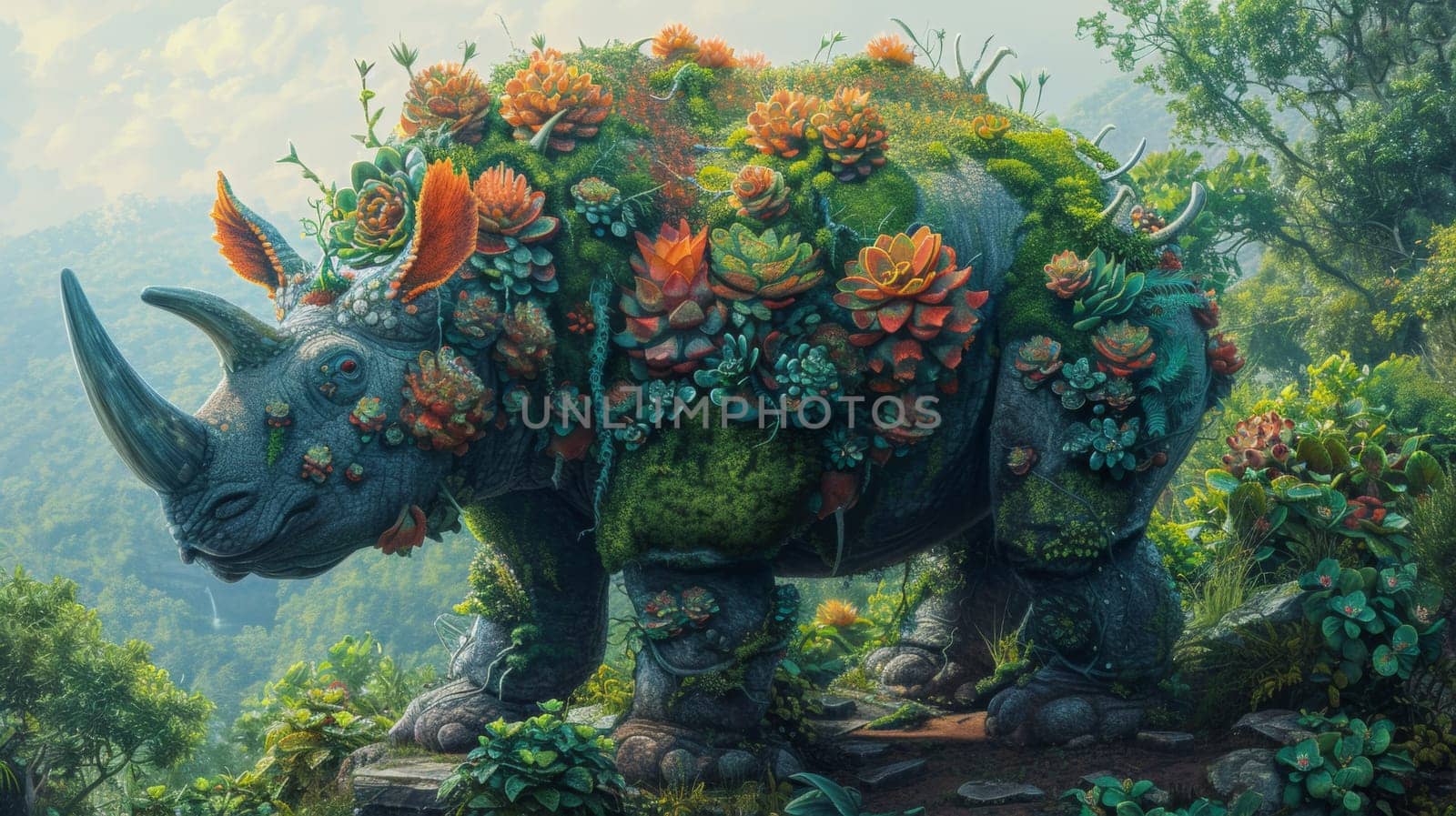 A rhino with a bunch of plants on its back