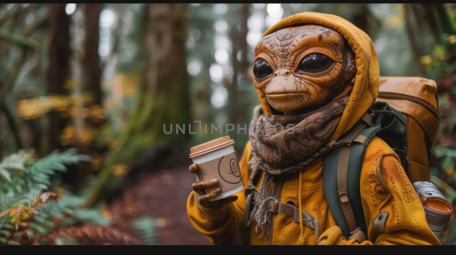 A person in a yellow jacket holding coffee and wearing an alien mask