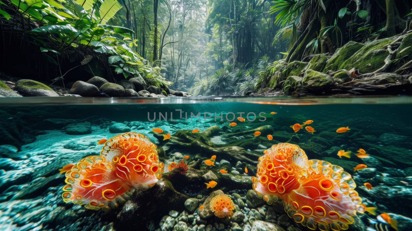 A group of orange fish swimming in a river with rocks and trees