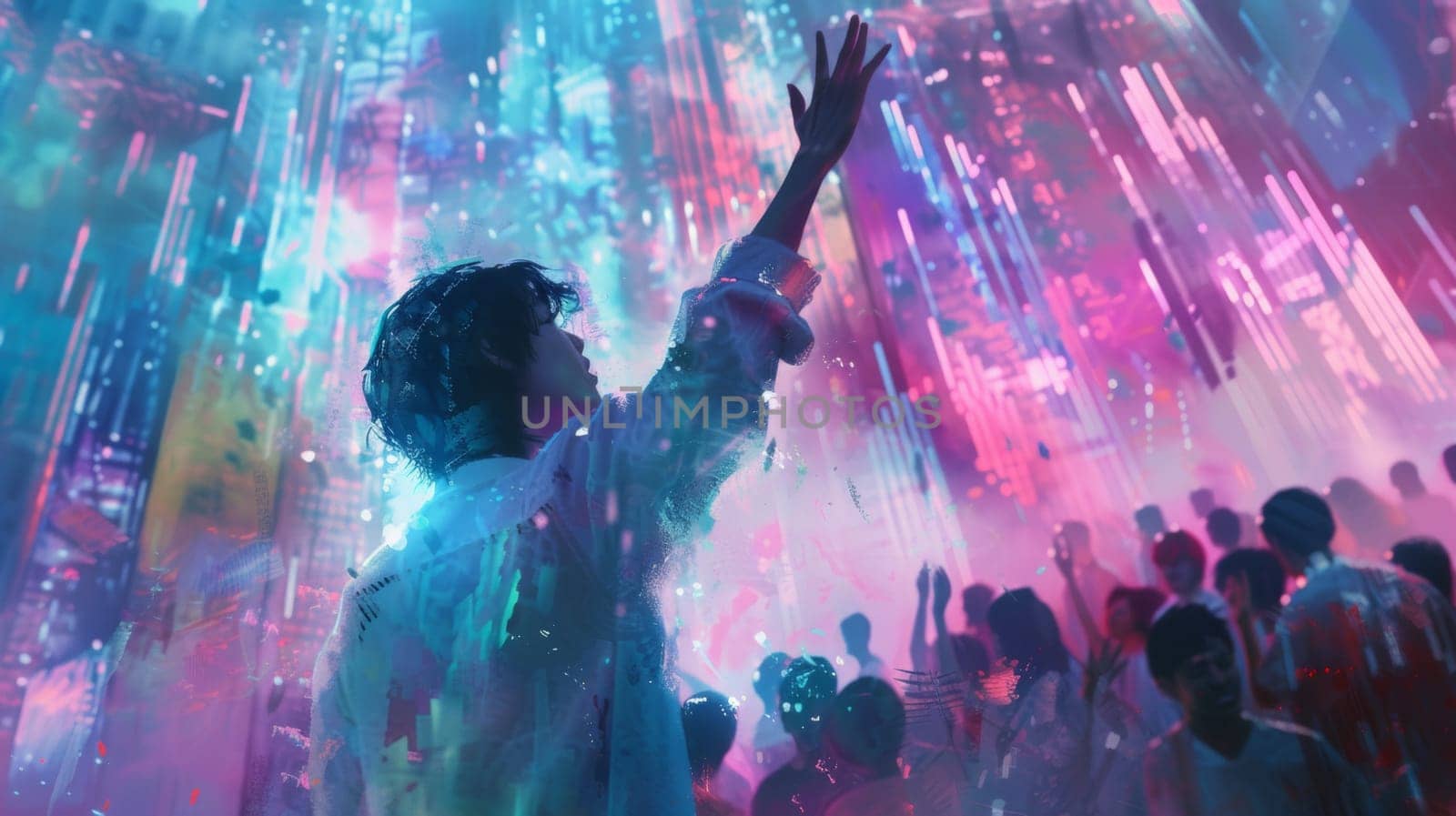 A man in a white shirt with his arms up and colorful lights around him