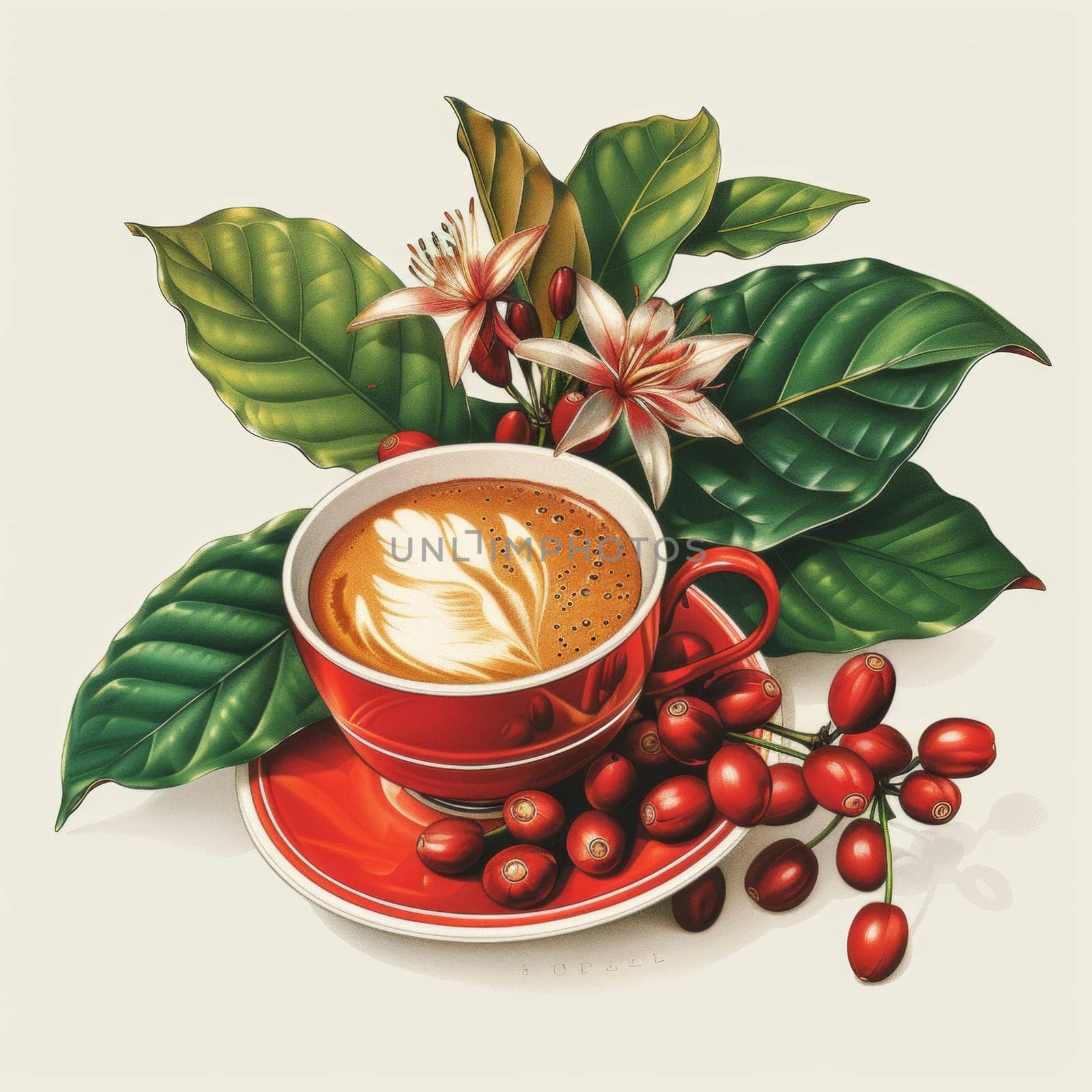 A cup of coffee with a red lid and leaves