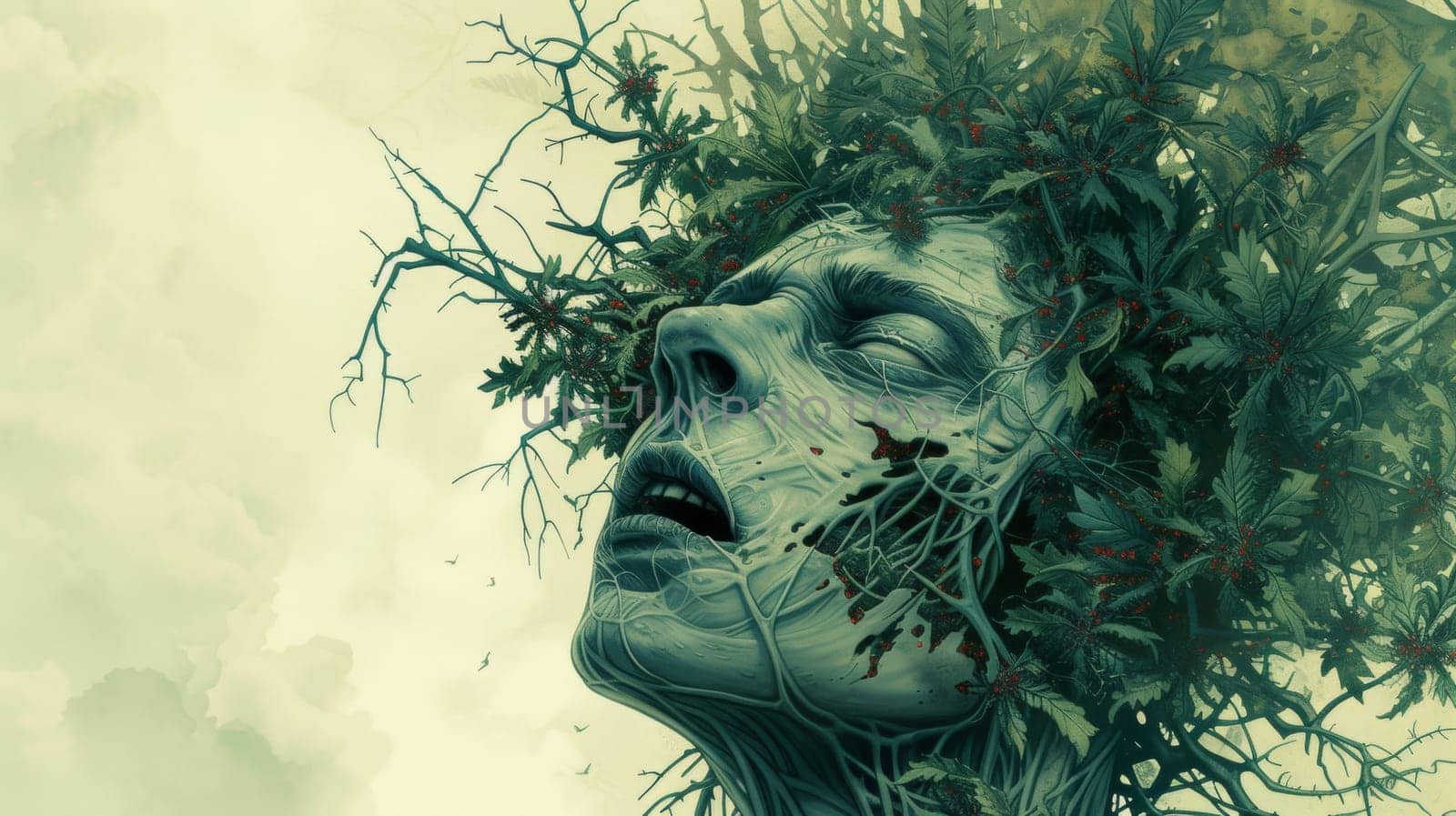 A woman with a tree growing out of her head