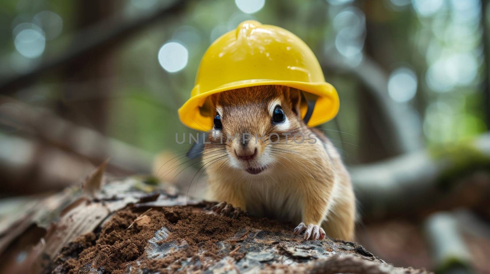 A squirrel wearing a yellow hard hat on top of some logs