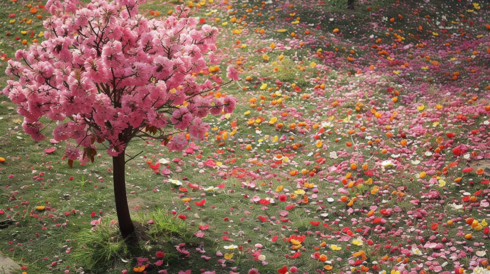 A pink tree in a field of flowers with many other trees
