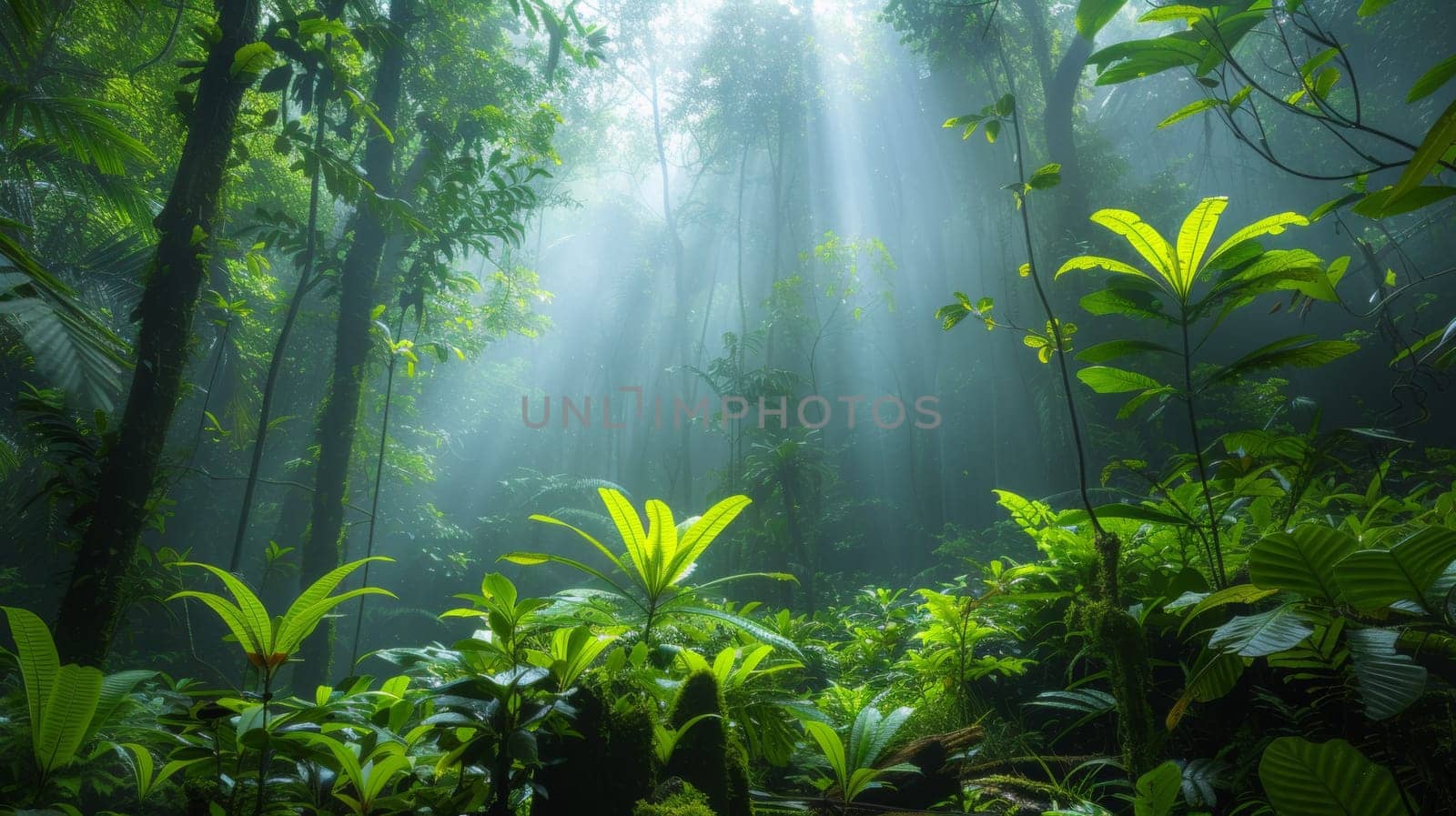 A view of a forest with sunlight shining through the trees