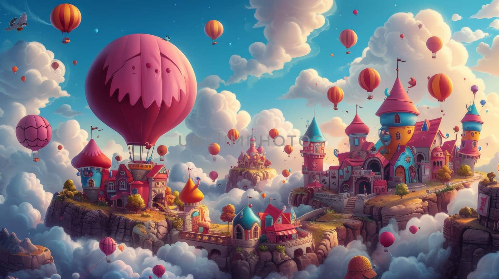 A painting of a castle surrounded by balloons and hot air