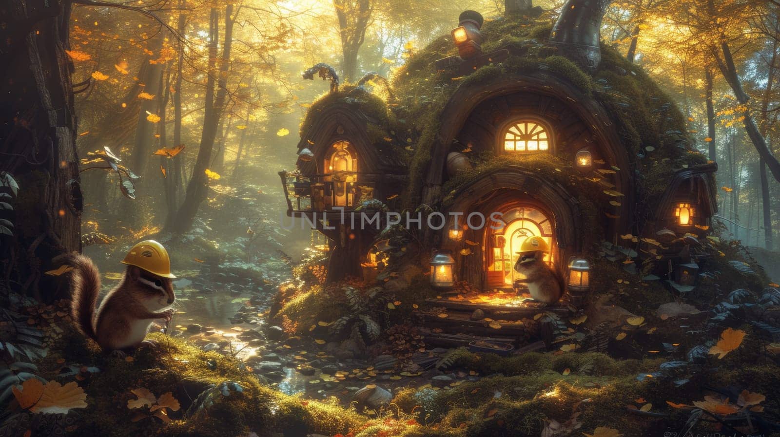 A scene of a squirrel is sitting in front of an enchanted house