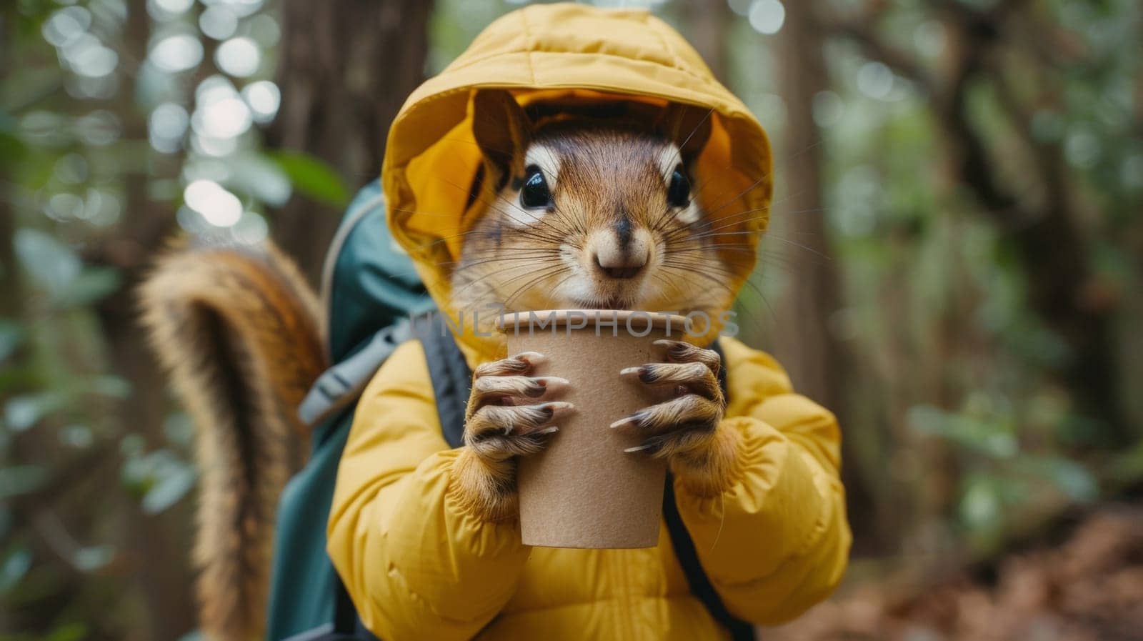 A squirrel in a yellow jacket holding up a cup of coffee