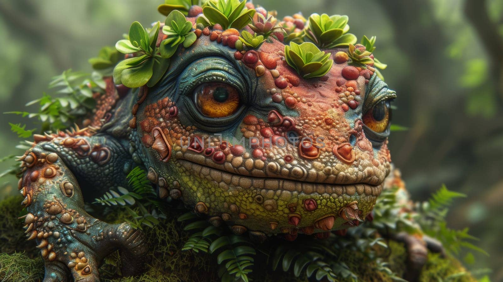 A close up of a lizard with plants on its head