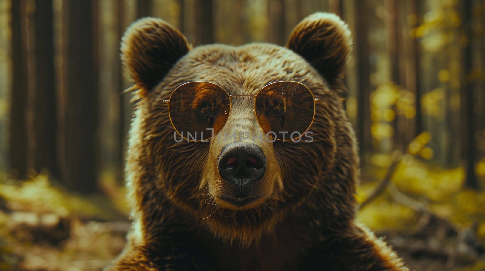 A bear wearing sunglasses in a forest setting