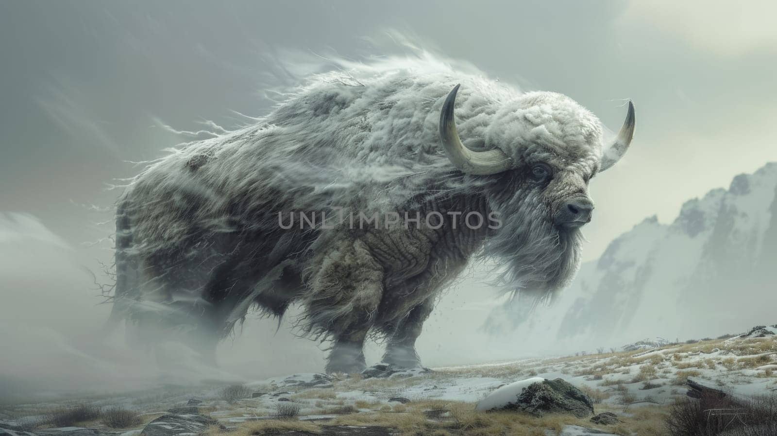 A yak is standing on a snowy hillside with snow blowing in the wind