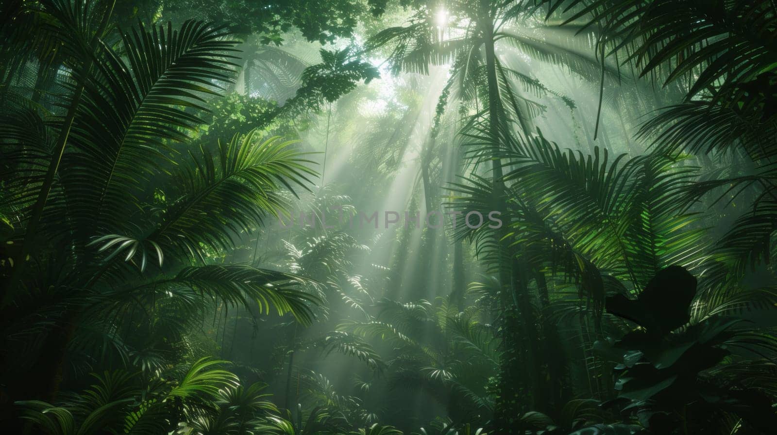 A jungle scene with sunlight shining through the trees