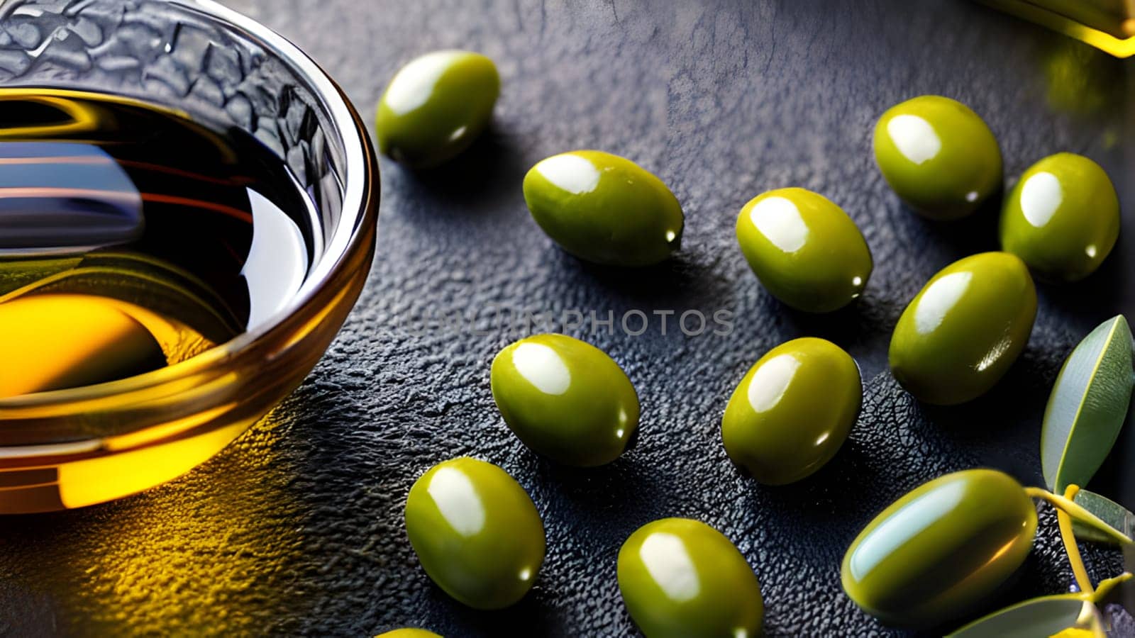 Bowl with extra virgin olive oil, next to green olives on a dark black table. Generative AI.