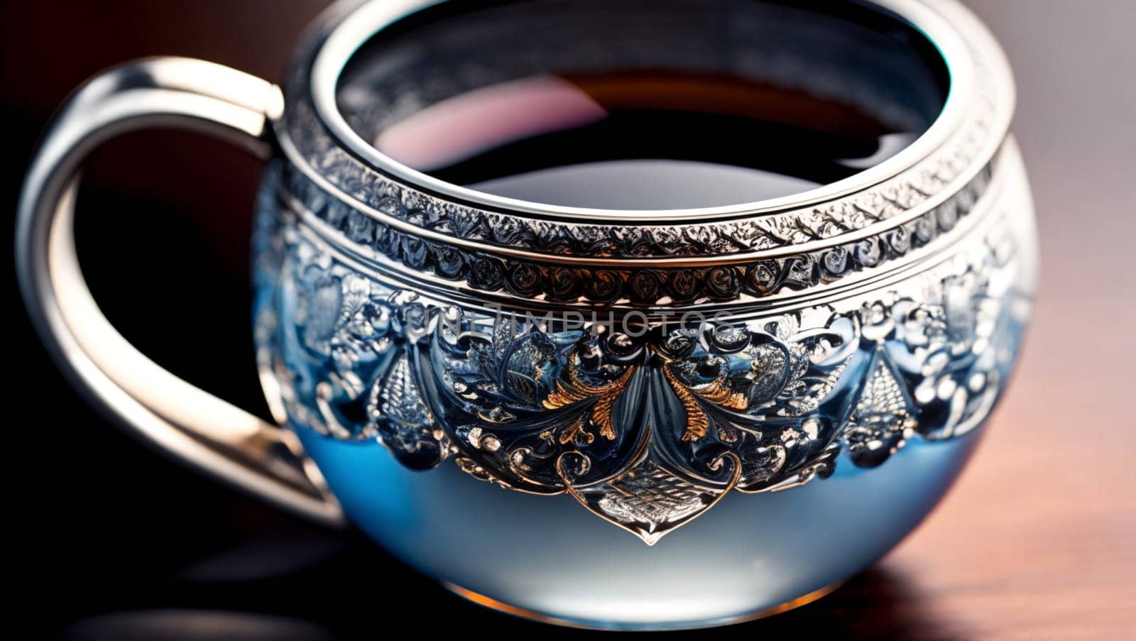 Beautiful decorative tea infused mug on a dark wooden table. Generative AI.