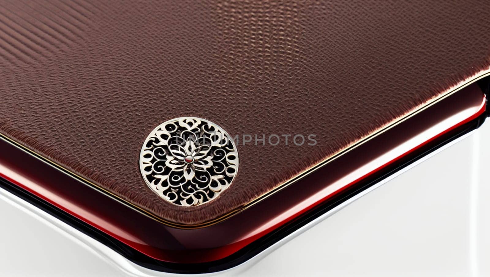 Decorative background with brown leather cell phone cover with ornaments. by XabiDonostia