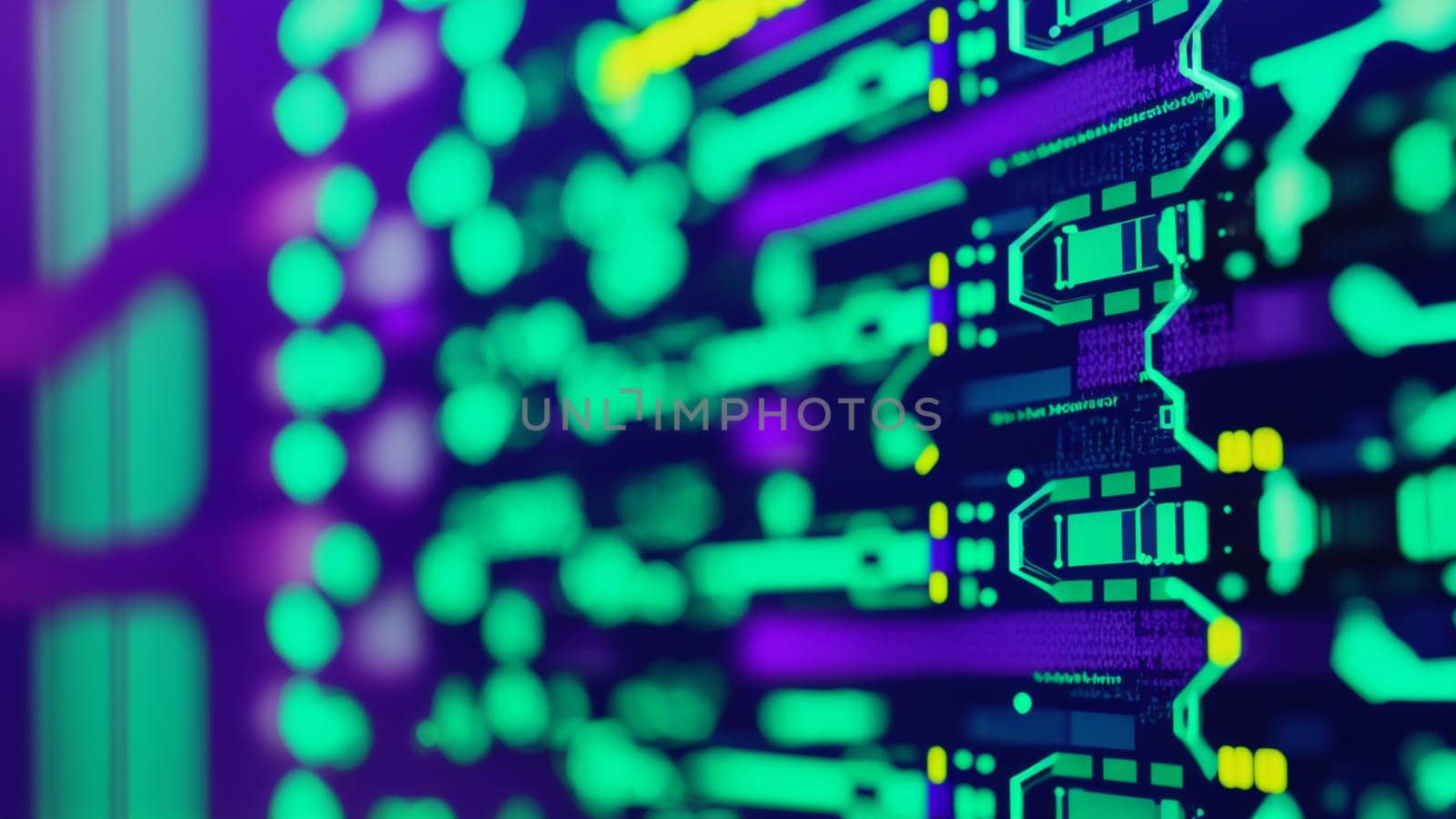 Illustration in concept of electronics and Internet and computer networks, cybersecurity, computer security, in the form of blue and green colorful printed circuit. Generative AI.