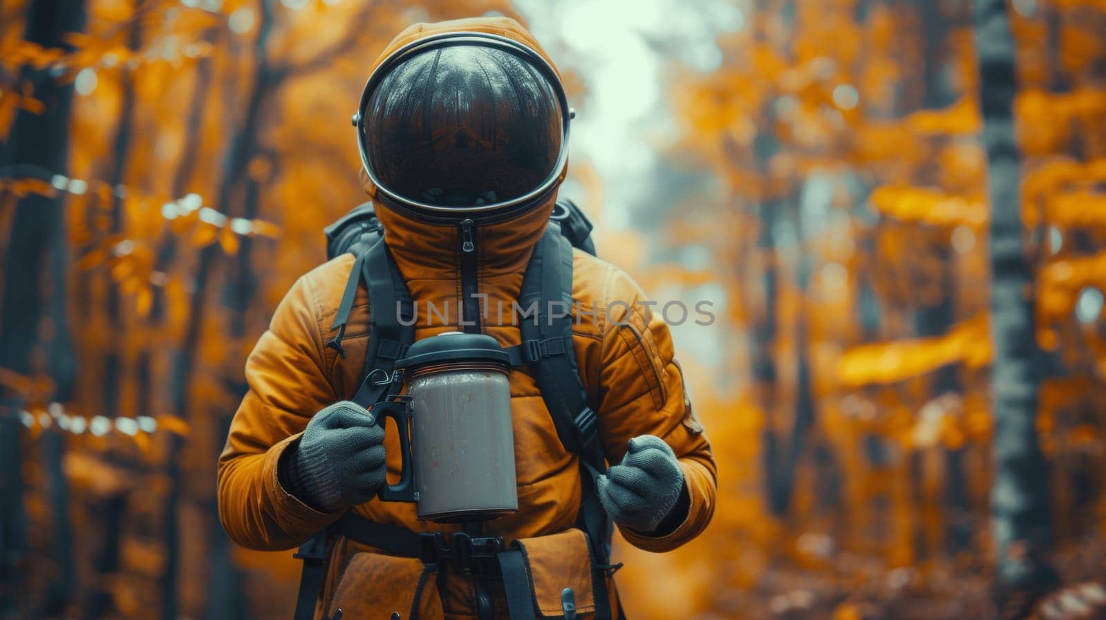 A person in an orange jacket holding a coffee cup and wearing space suit