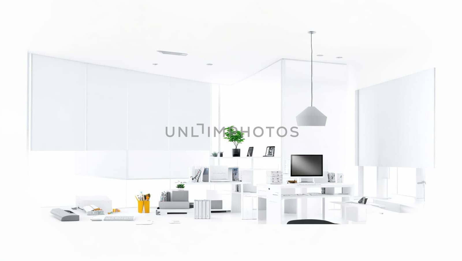 Beautiful and cheerful office with modern furniture, with desk and computer, decorated with a plant. Generative AI.