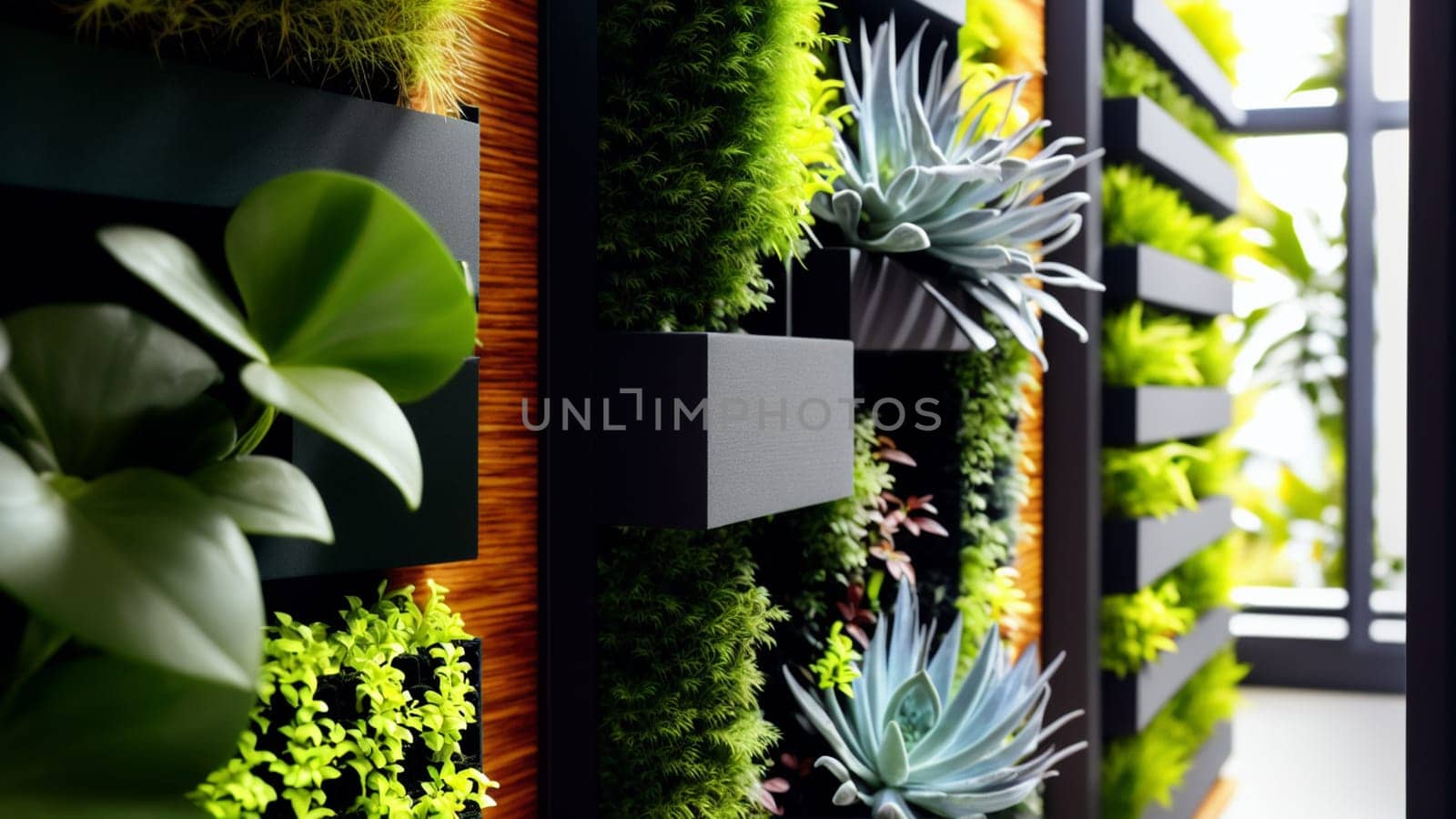 Nice sunny vertical garden of a building with numerous plants in green tones. Generative AI.