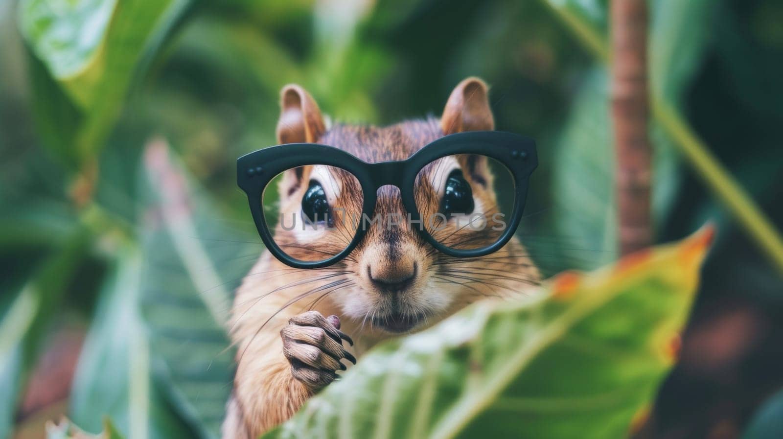 A squirrel wearing glasses and standing in a bush