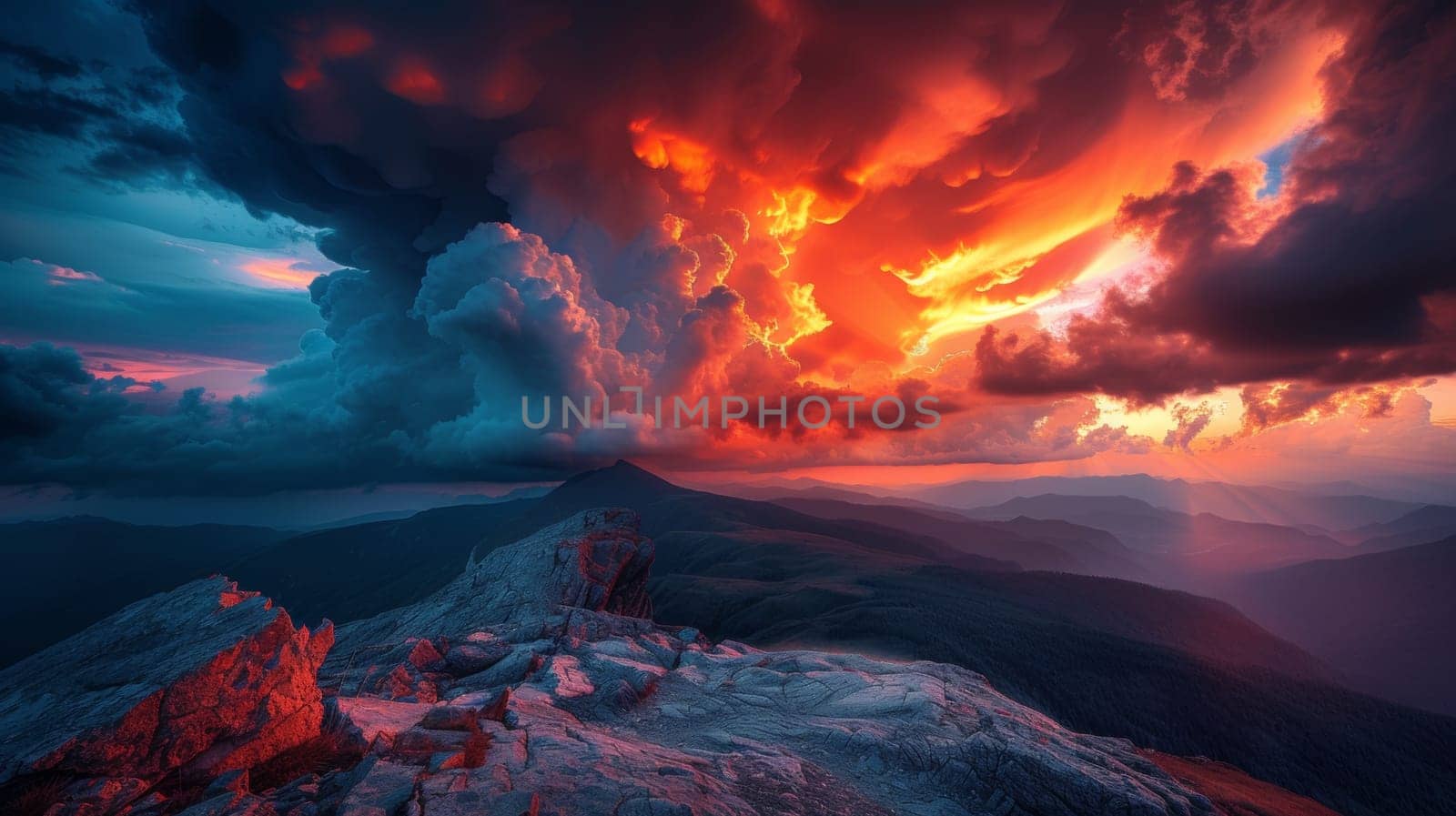 A very colorful sunset over a mountain range with clouds