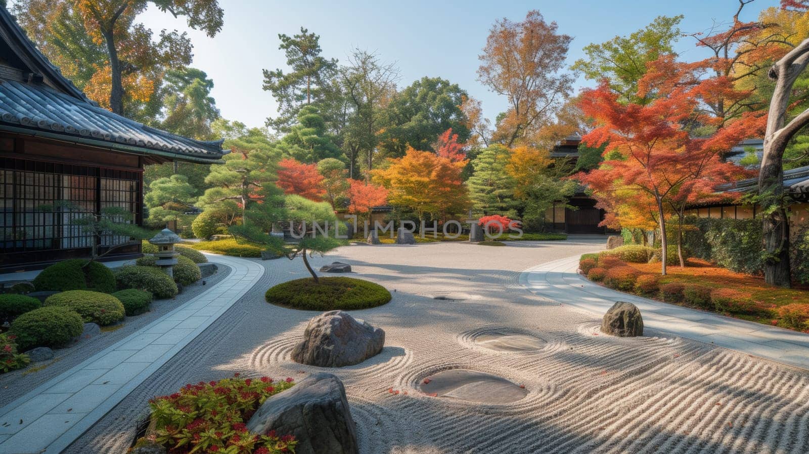 A garden with rocks and trees in the middle of a road