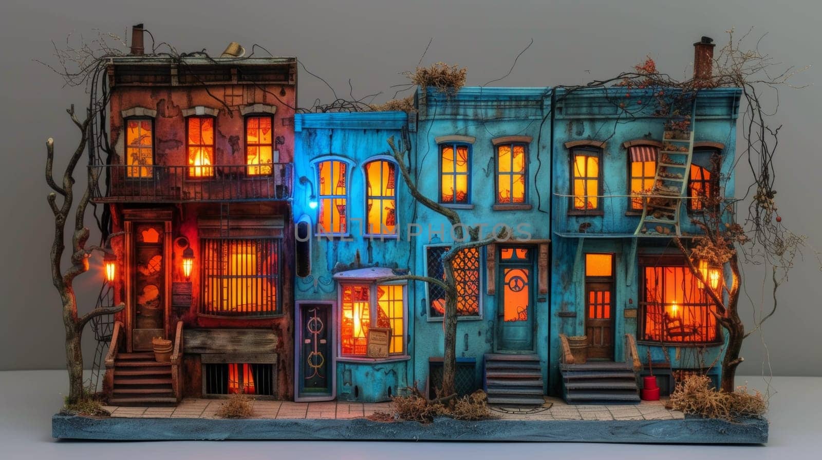 A miniature house with lit windows and a tree in front of it