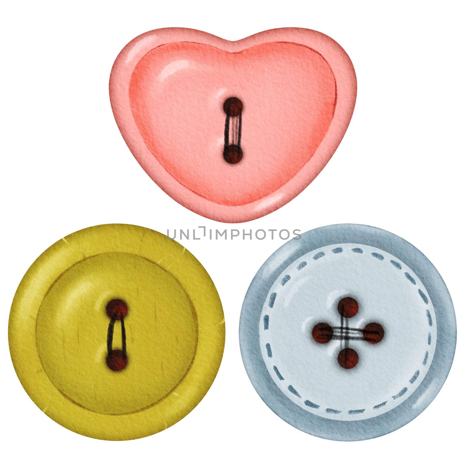 A watercolor collection of isolated objects featuring colorful buttons with threads. Available in round and heart shapes. Colors include pink, green, and blue. Suitable for crafting enthusiasts, sewing