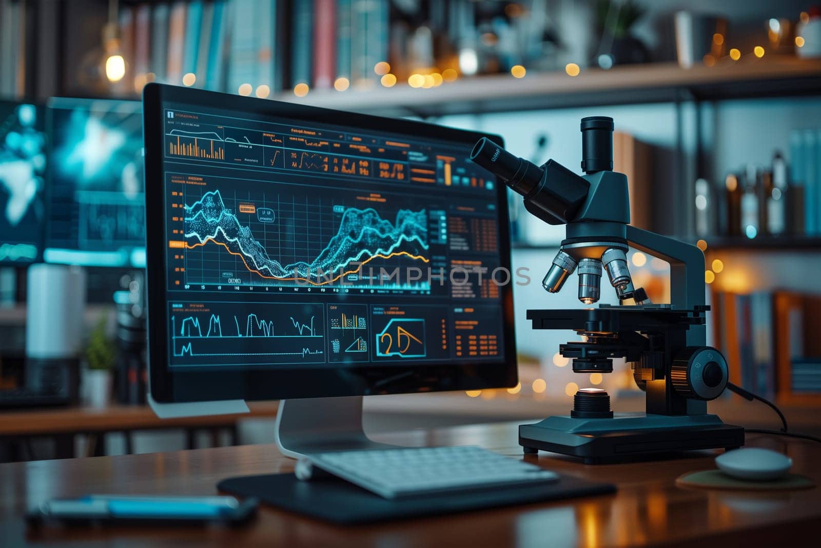 Graphic diagram on computer screen with microscope by Sd28DimoN_1976