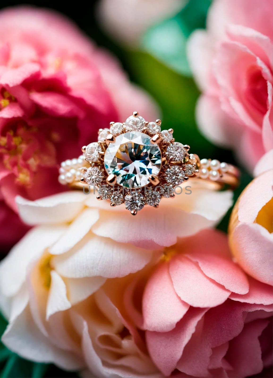 beautiful ring with a stone on a background of roses. Selective focus. nature.