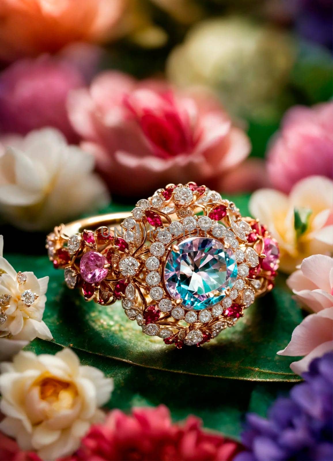 beautiful ring with a stone on a background of roses. Selective focus. by yanadjana