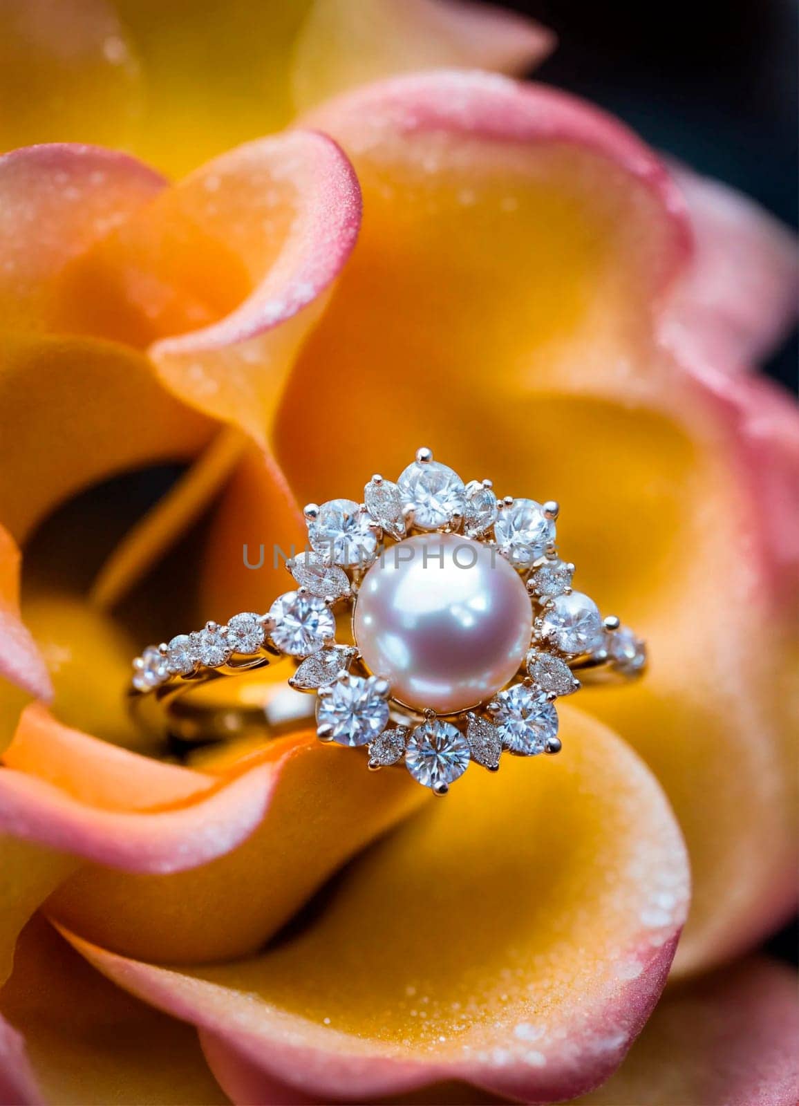 beautiful ring with a stone on a background of roses. Selective focus. nature.