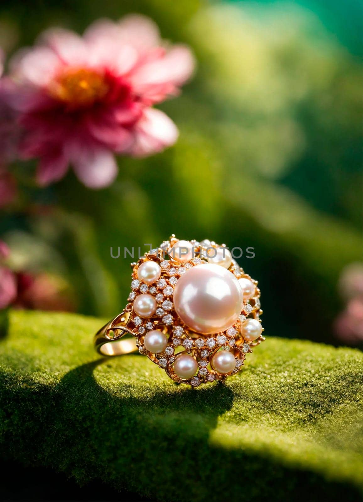 beautiful ring with a stone on a background of roses. Selective focus. by yanadjana