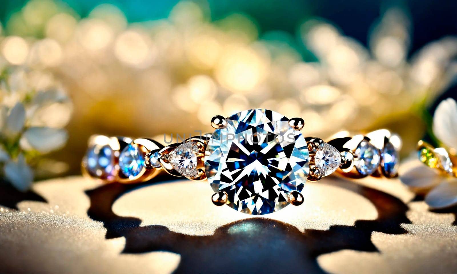 beautiful ring with a stone on a background of roses. Selective focus. nature.