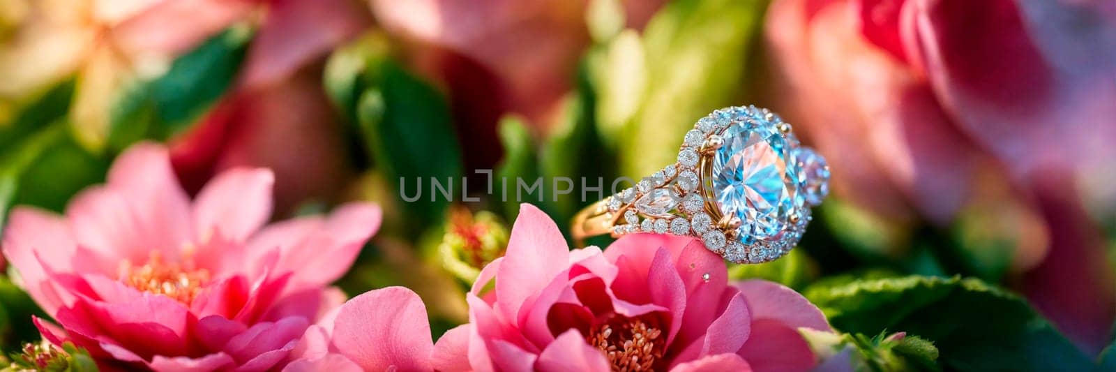 beautiful ring with a stone on a background of roses. Selective focus. nature.