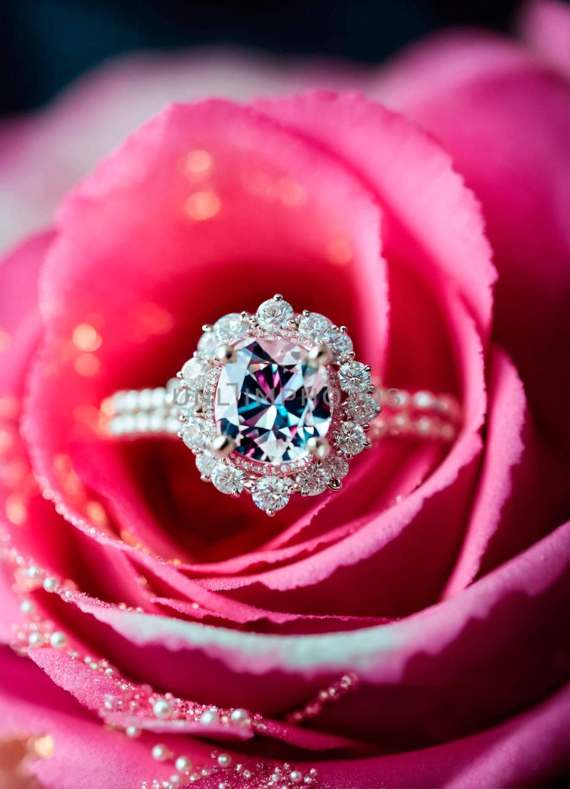 beautiful ring with a stone on a background of roses. Selective focus. by yanadjana