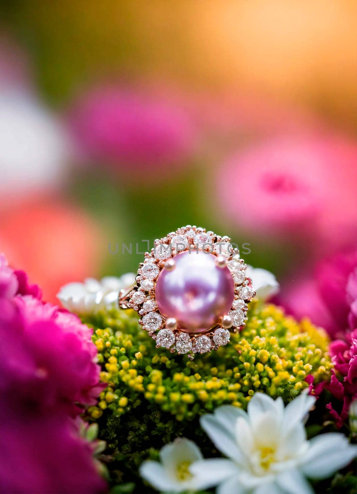 beautiful ring with a stone on a background of roses. Selective focus. nature.